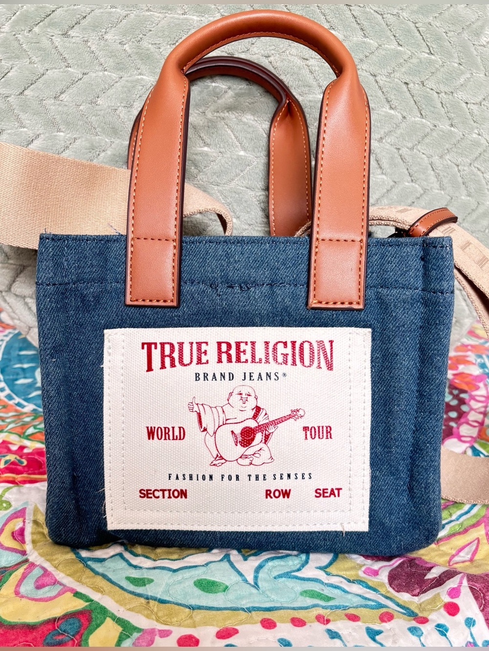 TRUE RELIGION BRAND BLUE JEANS CANVAS TOTE